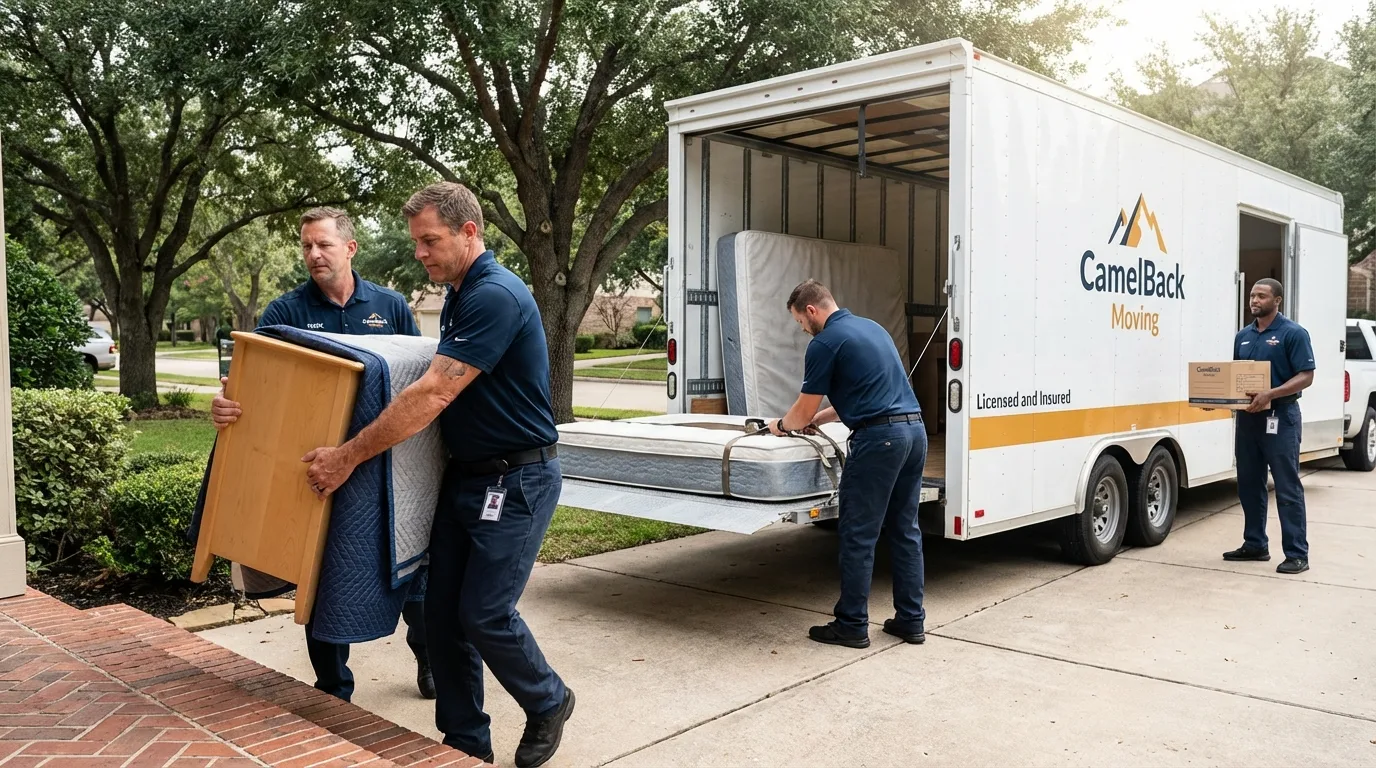 Crew loading residential truck for cross-state move from Spur, TX