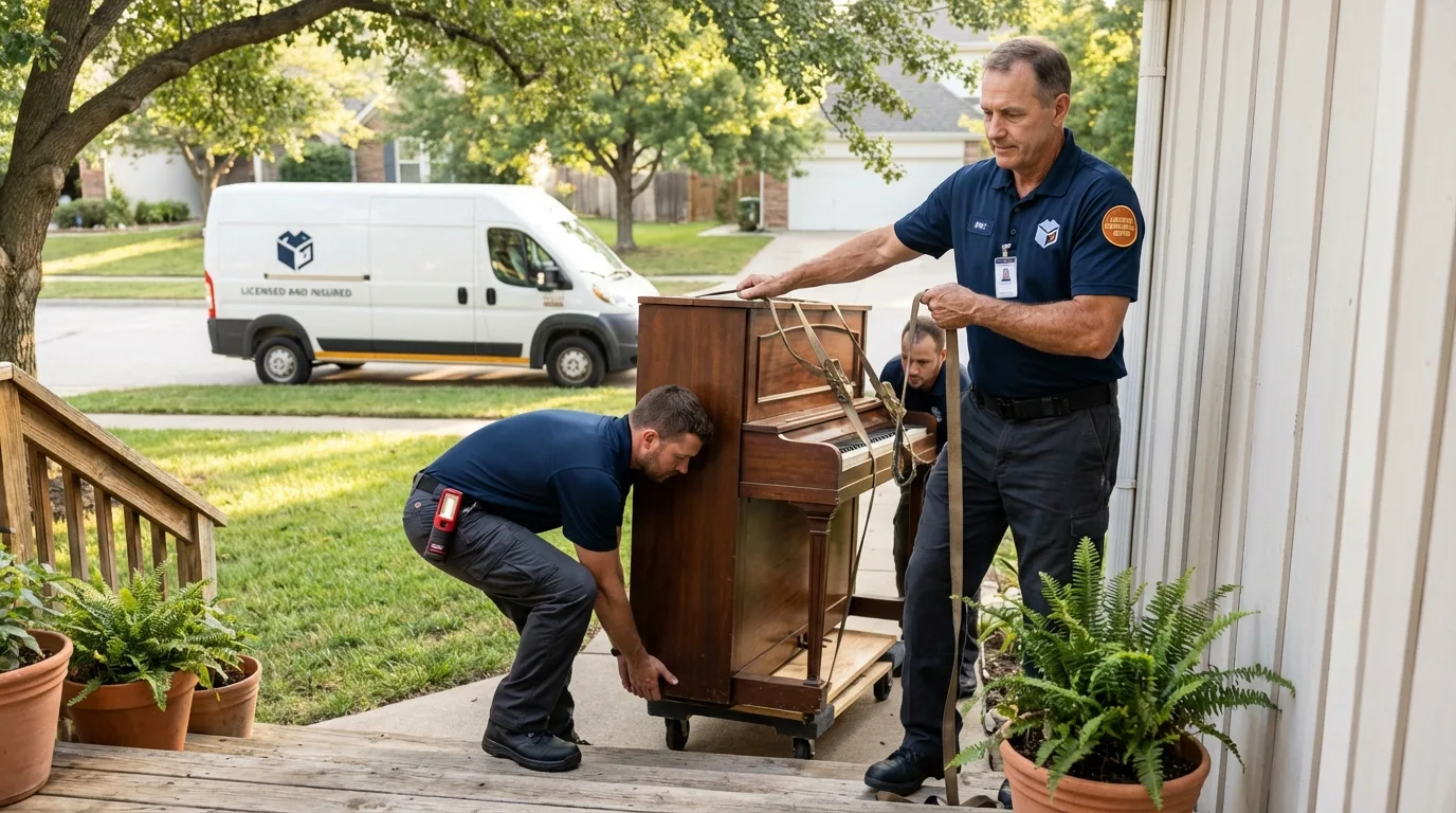 Licensed piano movers securing grand piano in Spur, TX