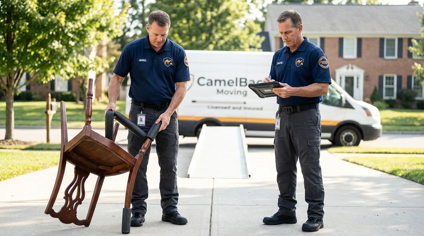 Movers inspecting furniture for damage prevention before loading in Spur, TX