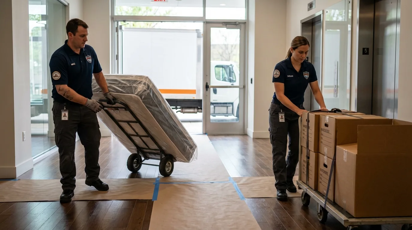 Professional apartment movers loading elevator in Spur, TX