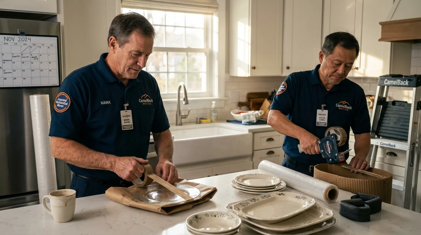 Professional crew packing kitchen dishware in Spur, TX